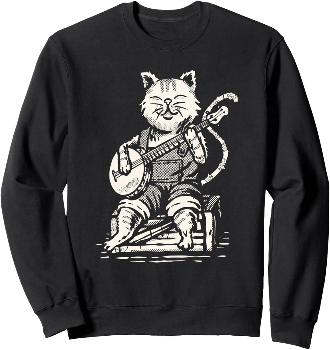 Cute Banjo Cat and Overalls Funny Bluegrass Music Sweatshirt