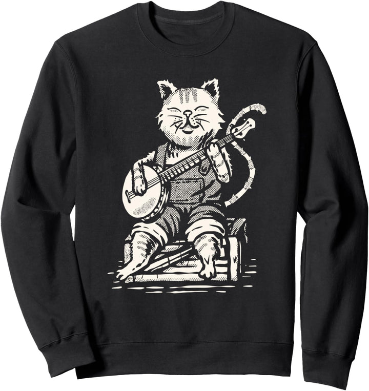 Cute Banjo Cat and Overalls Funny Bluegrass Music Sweatshirt