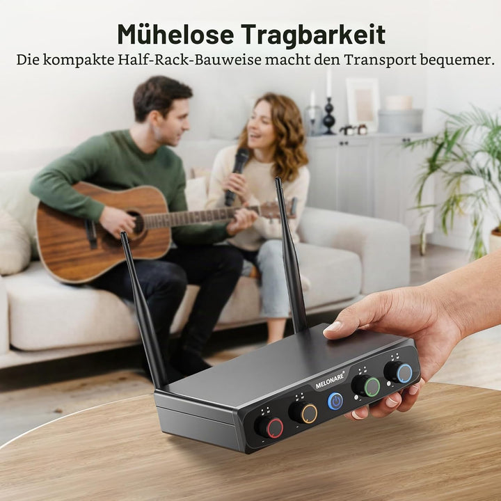 4-Kanal Funkmikrofon Set, MELONARE UHF Kompakt Mikrofon Kabellos mit 4x10 Frequenzen, 200ft Reichwei