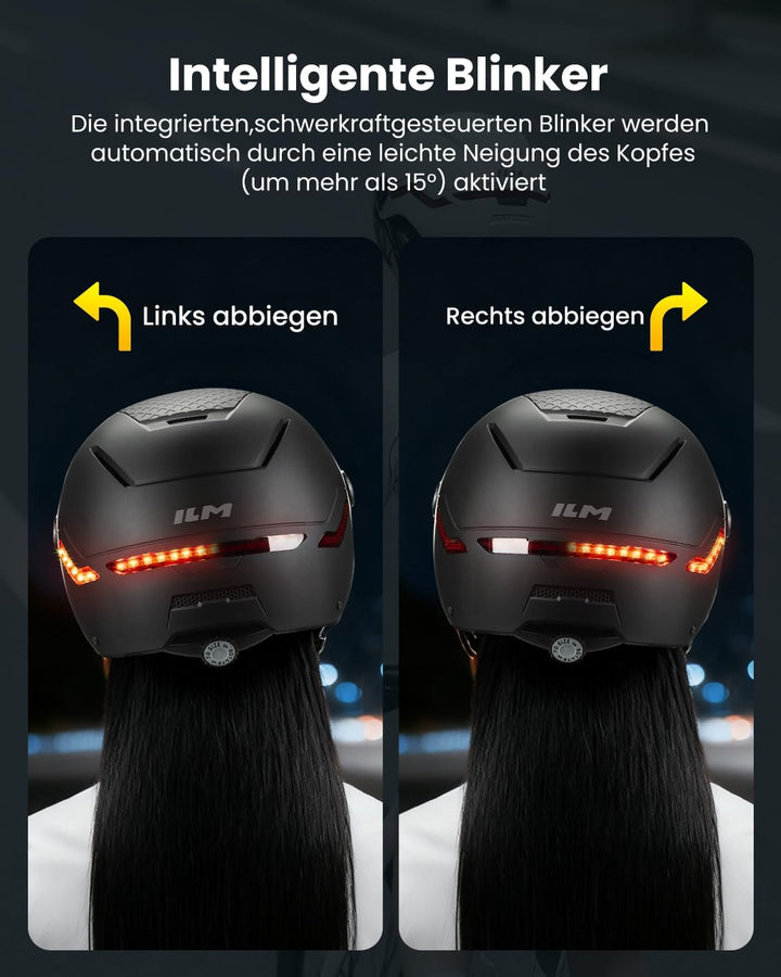 ILM Fahrradhelm Herren Damen mit Visier und LED Licht Beleuchtung Automatischem G-Sensor für Blinker