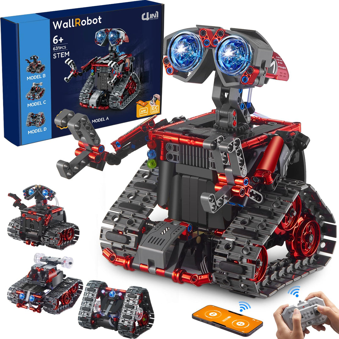 VEPOWER Technik Roboter Kinder Bauspielzeug, 4 in 1 App & Fernsteuerung Wall-Roboter/Technik/Panzer