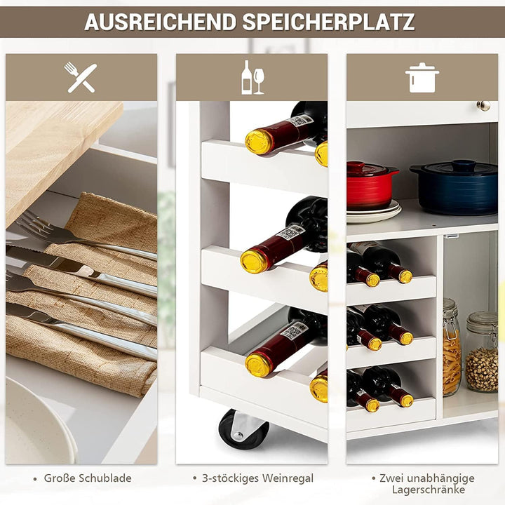 COSTWAY Küchenwagen auf Rollen, Servierwagen mit Schubladen &amp; 3-stöckigem Weinregal &amp; Arbeitsplatte,