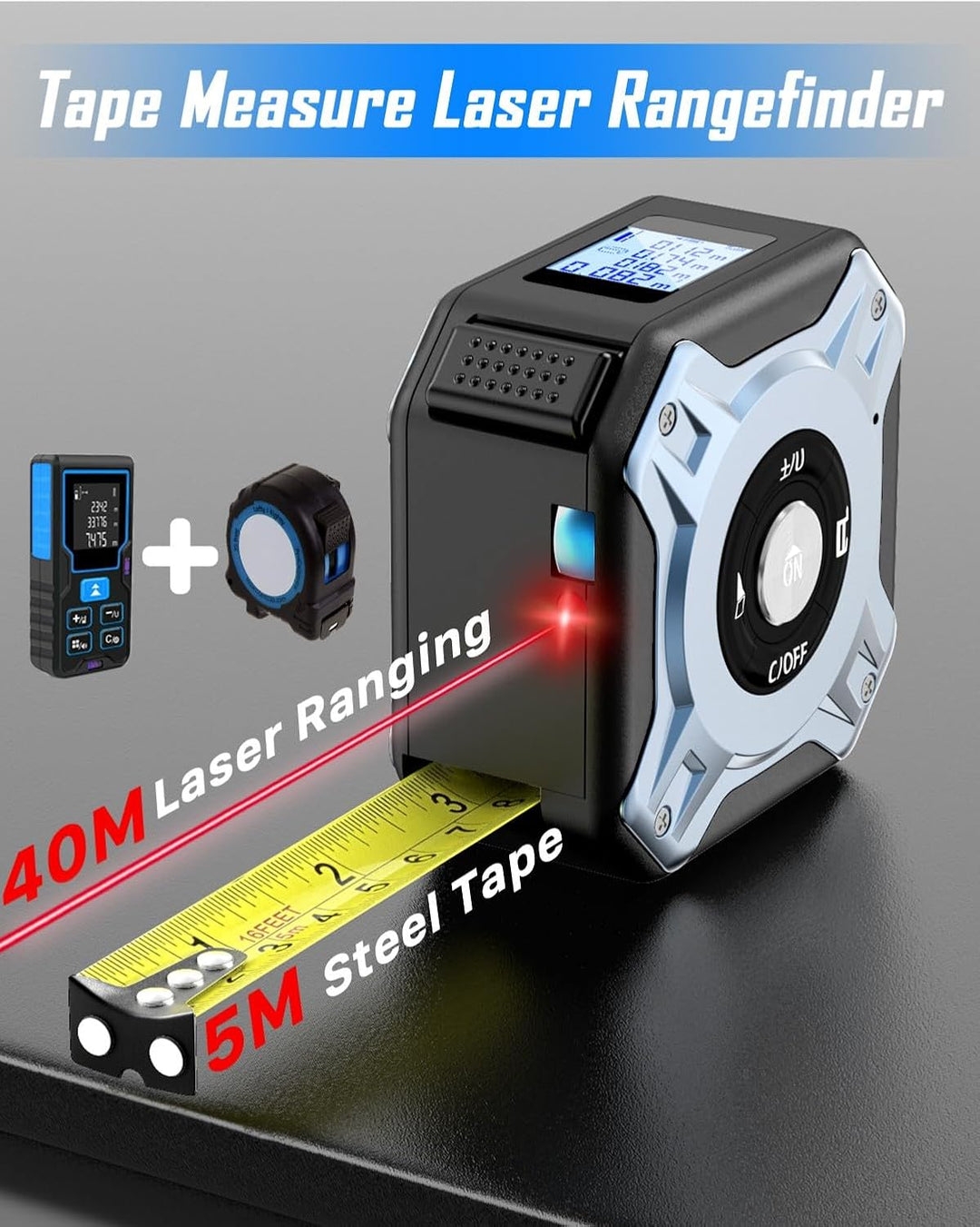 Laser Massband 2-in-1, 40m Laser Entfernungsmesser & 5m Massband, USB-C Aufladung Lasermessgerät, HD
