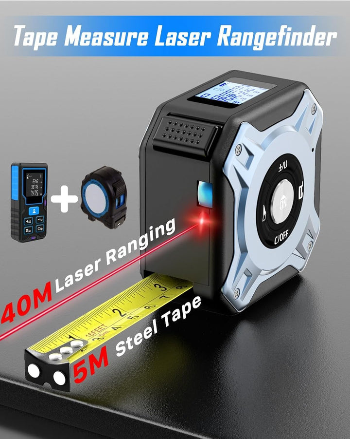 Laser Massband 2-in-1, 40m Laser Entfernungsmesser & 5m Massband, USB-C Aufladung Lasermessgerät, HD