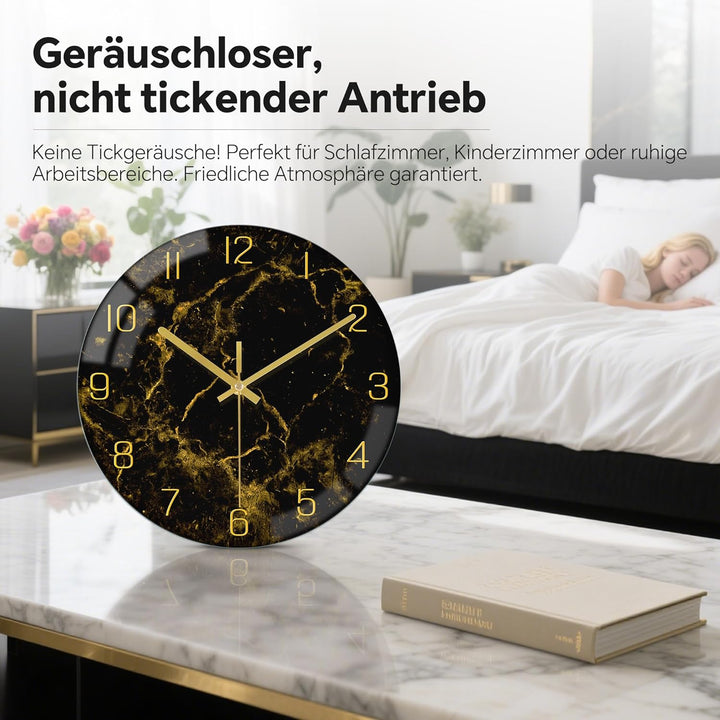 VIKMARI Schwarze moderne Marmor-Textur-Uhr, goldene Zeiger, rustikale Küchendekoration, 30.5 cm, Wan