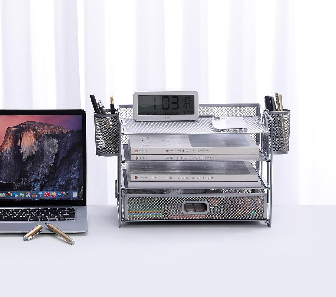 Vikmyer 4-Trays Desktop File Organizer, Mesh Office Desk Supplies Organizer Dokument Brieffachhalter