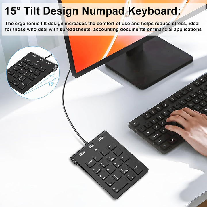 Numeric Keypad Wired Numpad, USB A/USB C Ziffernblock Ergonomischer Mini Nummernblock mit 3 USB 2.0