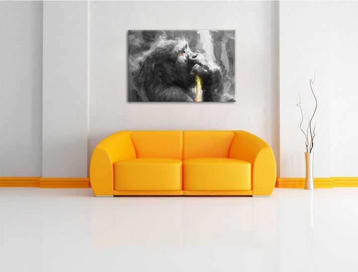 stolzer Gorilla isst schwarz/weiss Deluxe Format: 100x70 cm auf Leinwand, XXL riesige Bilder fertig