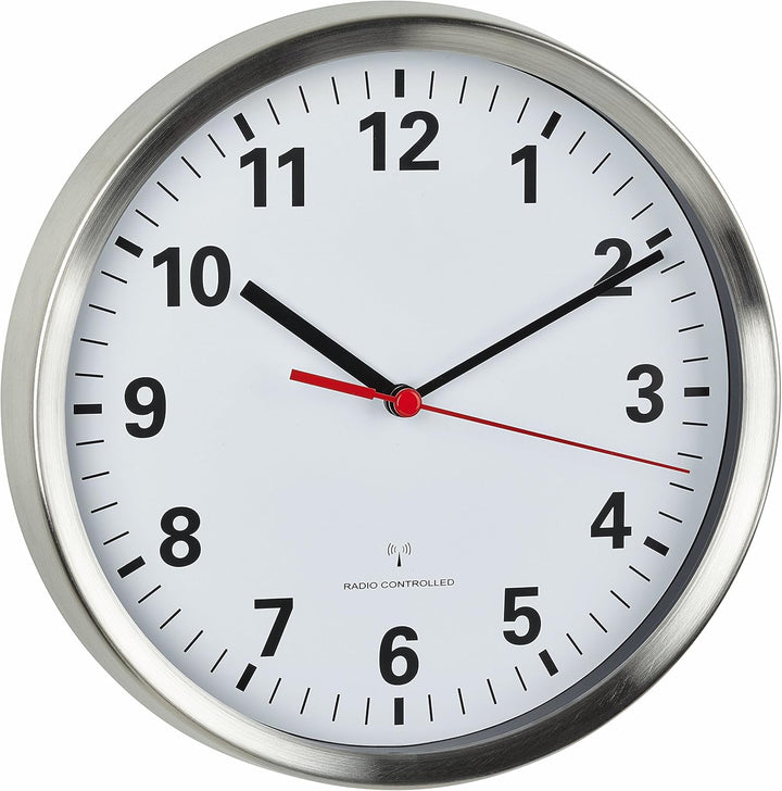 TFA Dostmann Funkwanduhr, mit geräuscharmen Sweep Uhrwerk, Glas, leise, analoge Wanduhr, edelstahl/w