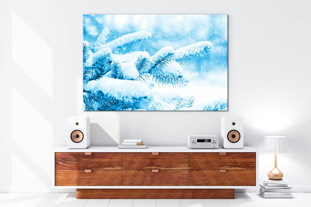 deyoli Kiefernzweige im Winter Format 80x60 Effekt: Monocrome Blau als Leinwandbild, Motiv fertig ge