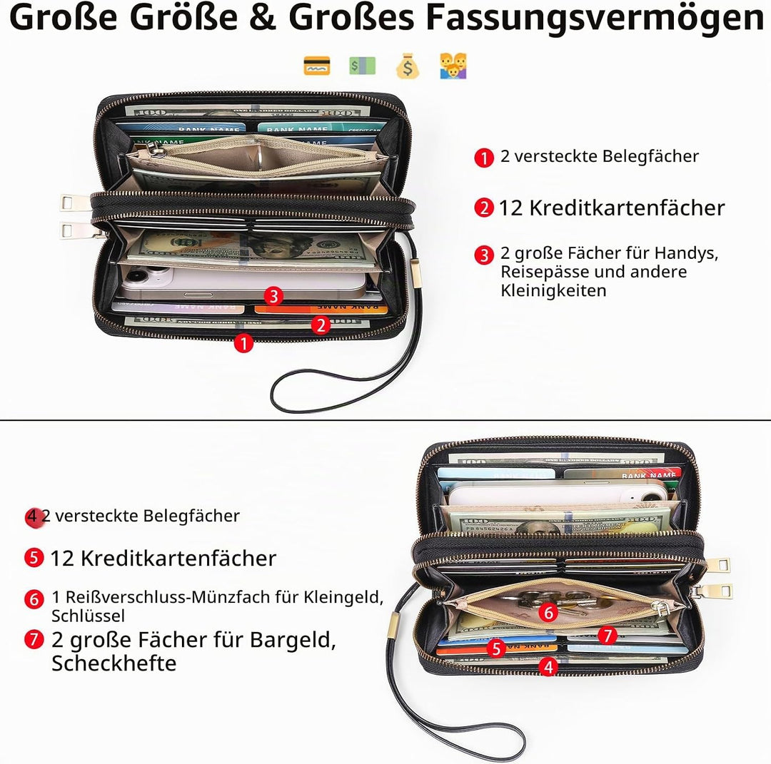 GAEKEAO Geldbörse Damen Gross, Portemonnaie Damen Veganes Leder Doppel Reissverschluss Kreditkartene