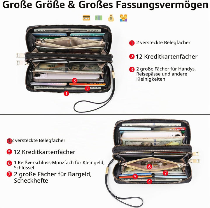 GAEKEAO Geldbörse Damen Gross, Portemonnaie Damen Veganes Leder Doppel Reissverschluss Kreditkartene
