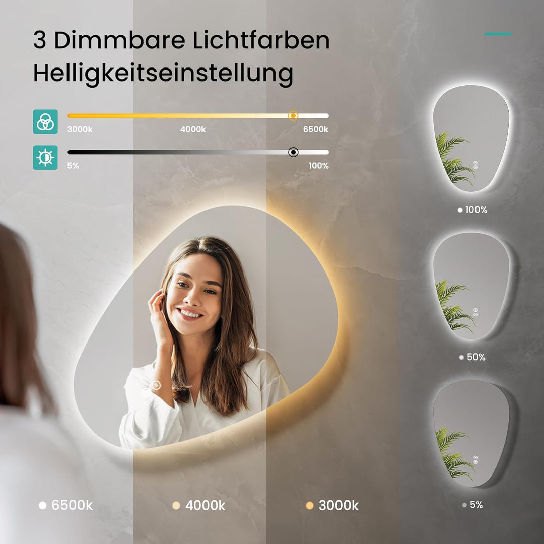 EMKE Badspiegel mit Beleuchtung 60x80cm, Asymmetrischer Spiegel mit 3 Lichtfarben Dimmbar, Antibesch