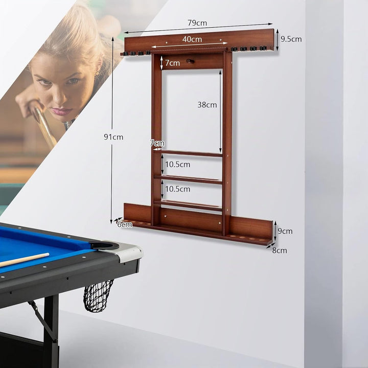 COSTWAY Billard Queue Halter Wandmontage, Wandqueuehalter für 8 Queues, 15 Billardkugeln und 1 Balls