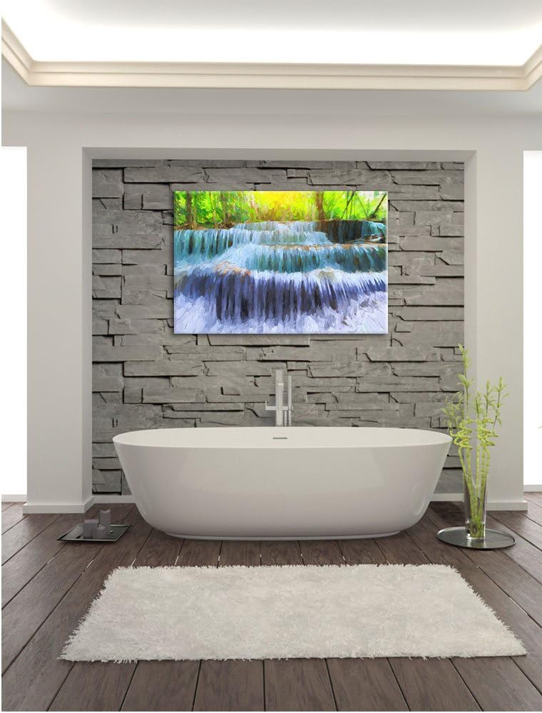 Pixxprint Wasserfall im Regenwald / 100x70cm Leinwandbild bespannt auf Holzrahmen/Wandbild Kunstdruc