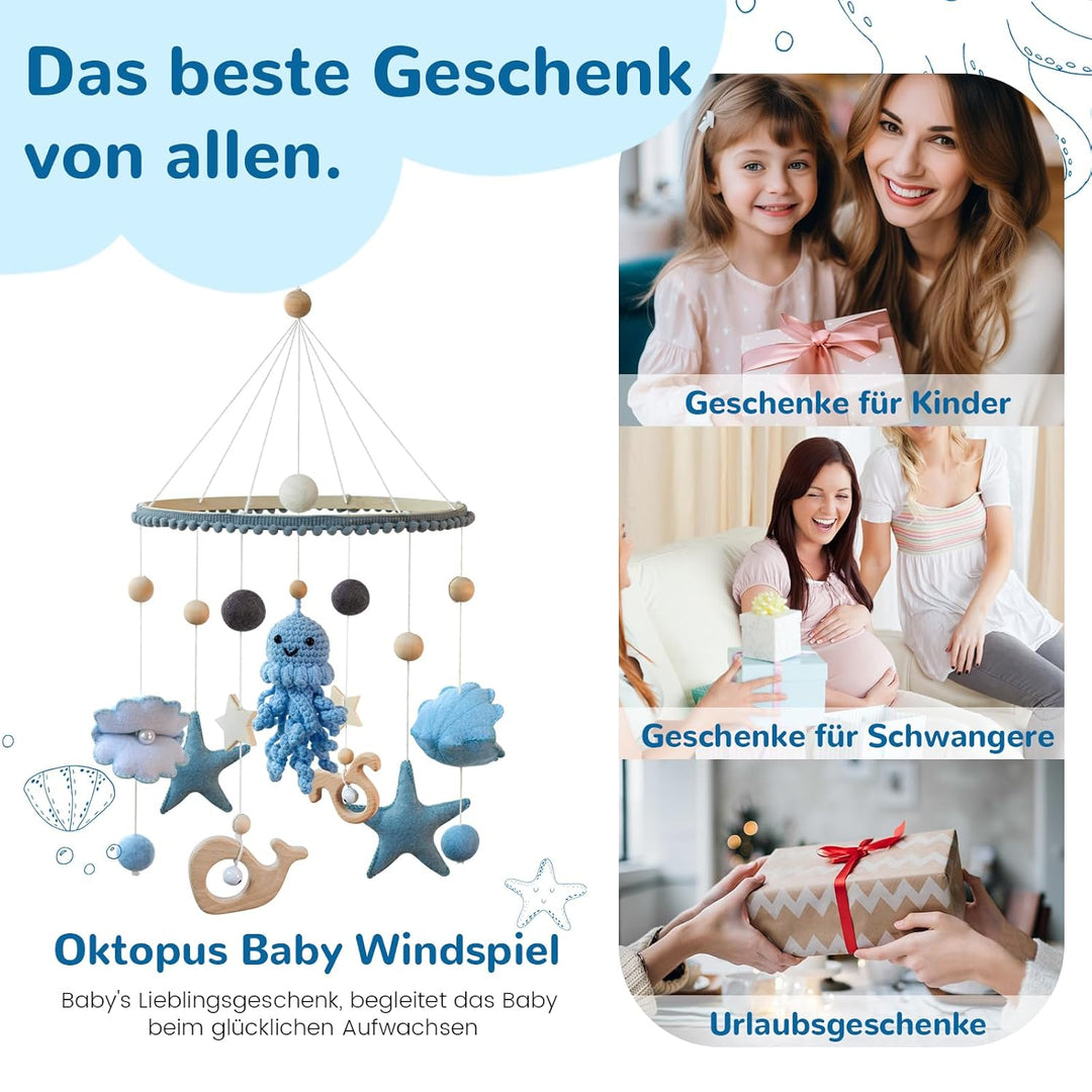 Oktopus Baby Mobile Babybett Hölz Windspiel, Oktopus Anhänger zum Häkeln, Meerestiere Bettglocke Bab