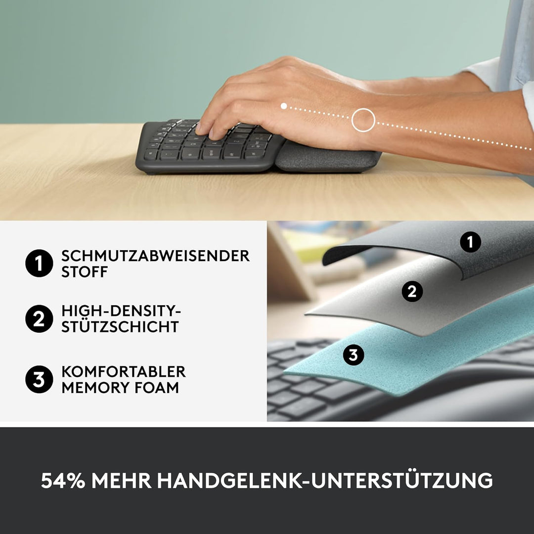 Logitech ERGO K860 kabellose ergonomische Tastatur – geteilte Tastatur, Handballenauflage, natürlich