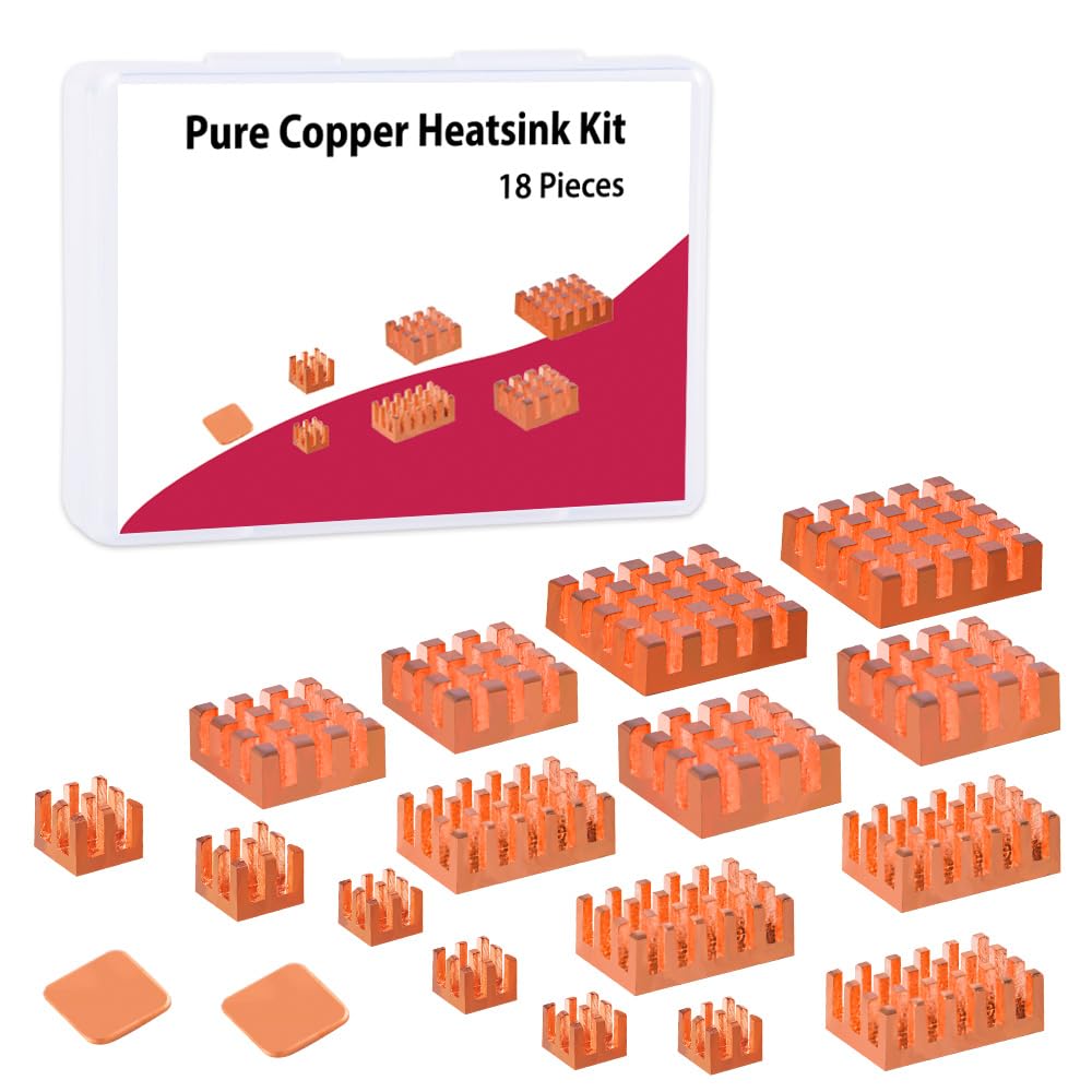 GeeekPi 18PCS Pure Copper Heatsinks for Raspberry Pi 5 /Pi 4B, CPU Cooler Heatsinks with Thermal Con