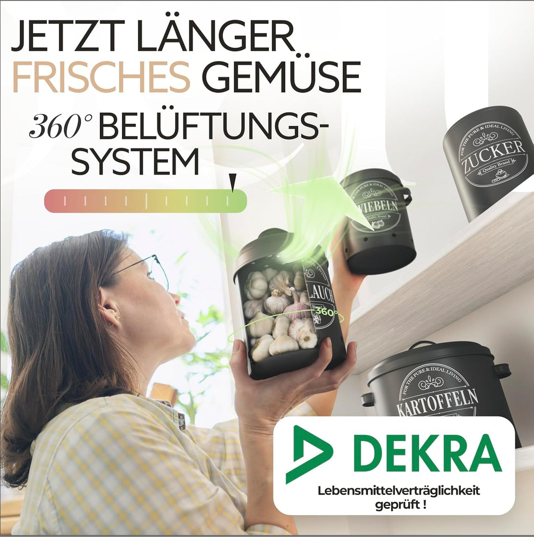 IDEALTASTIC®️ Premium Kartoffel Aufbewahrungsbox [3 Stück] I Vielseitiges Kartoffeltopf Set mit 360°