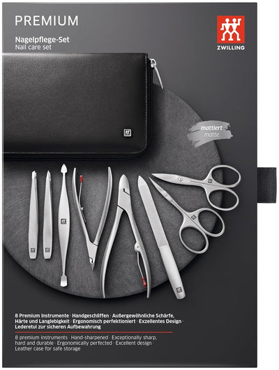 ZWILLING Maniküreset 8-teilig Nagelpflegeset aus Rindleder mit Reissverschluss, Premium, Schwarz