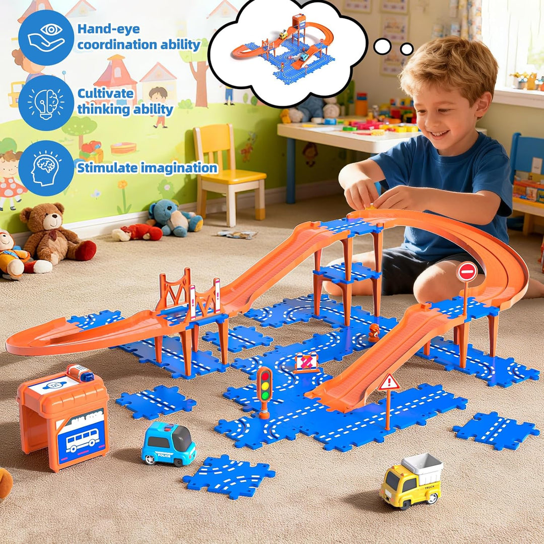 Doloowee DIY-Autorennbahn für Kinder, Spielzeug für 3 4 5 Jahre Jungen, Puzzle-Rennstrecken-Set mit