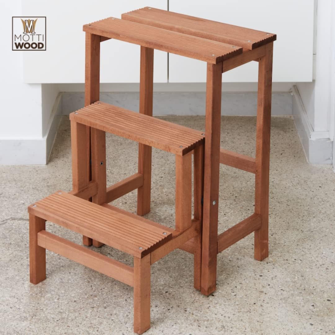 Klapphocker mit 3 Stufen, Farbe Walnuss, zusammenklappbar, rutschfest, platzsparend, Buchenholz, Mas