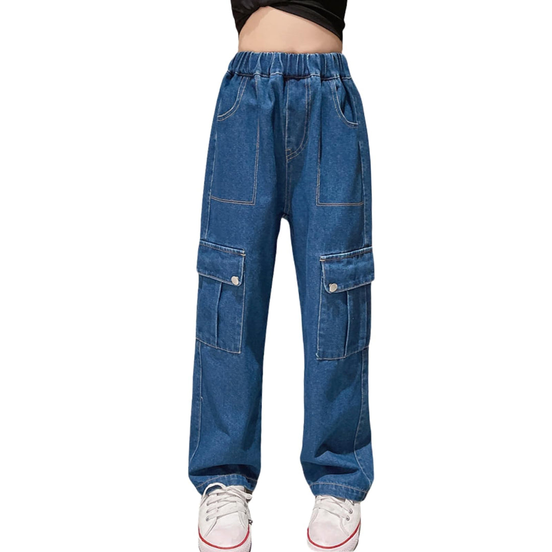 Rolanko Mädchen Jean Hosen Loch Denim Blau Jeans, Vintage Hose mit weitem Bein für Kinder Fit 8-9 Ja
