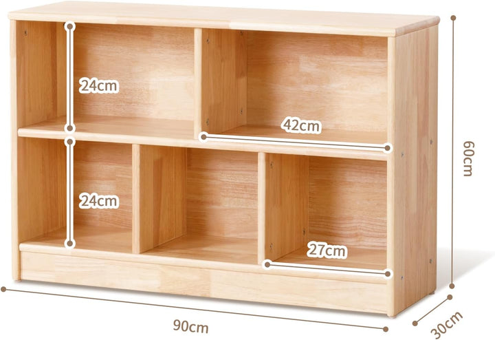 OOOK Gummiholz Kinderregal Spielzeugschrank, Spielzeugregal mit 2 grossen Fächern und 3 kleinen Fäch