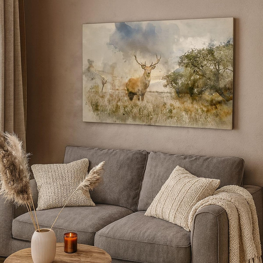 Bilder auf Leinwand 100x70cm Leinwandbild mit Rahmen rotwild natur Gross Wanddeko Bild Schlafzimmer