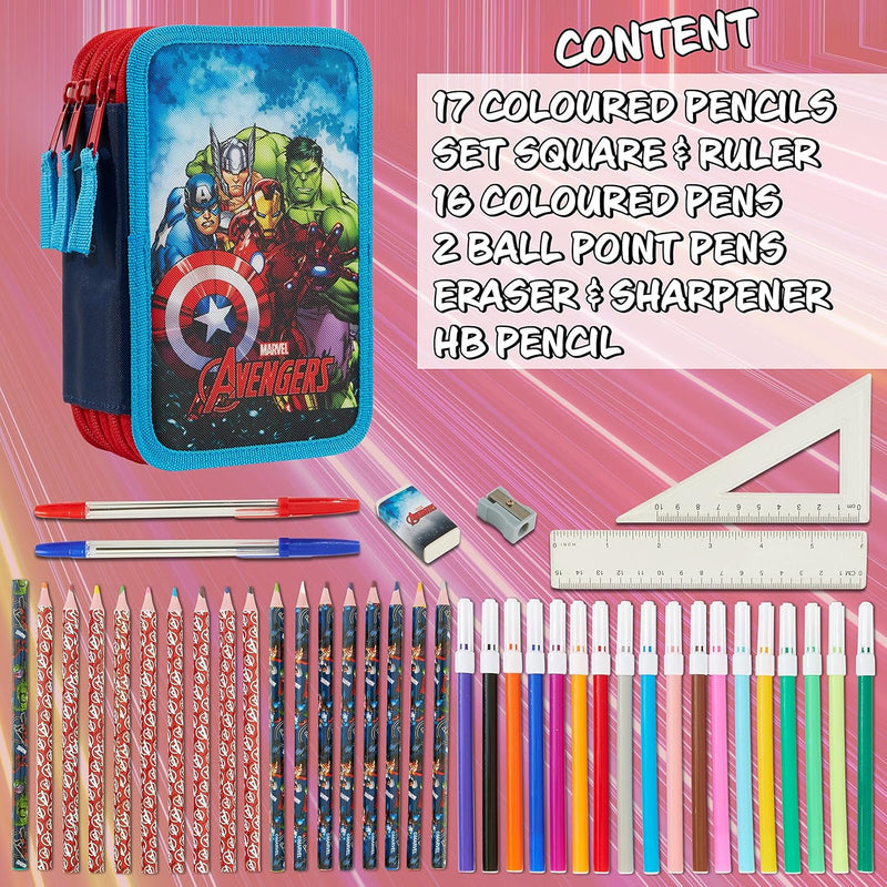 Marvel Federmäppchen für Jungen, Federmäppchen, Fächer, gefüllt, für Schule, Filz, Buntstift, Gesche