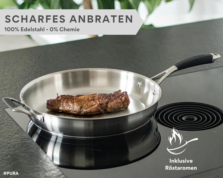 Edelstahlpfanne 32cm – Ohne PTFE & PFOA, unbeschichtete Pfanne aus Edelstahl, Induktion geeignet, gr