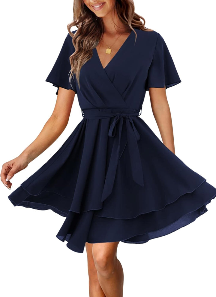 Beluring Damen Kleid Kurzarm Casual V-Ausschnitt Tunika Kleider Minikleid Wickelkleid XL Dunkelblau,