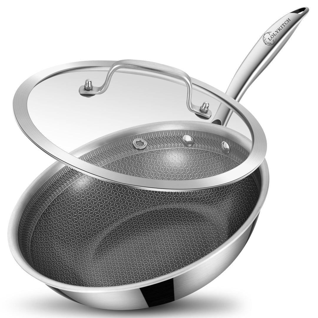 LOLYKITCH Wokpfanne 26 cm mit Deckel, Hybrid-Wok mit Wabenstruktur 26cm Stielgriff, 26cm Stielgriff