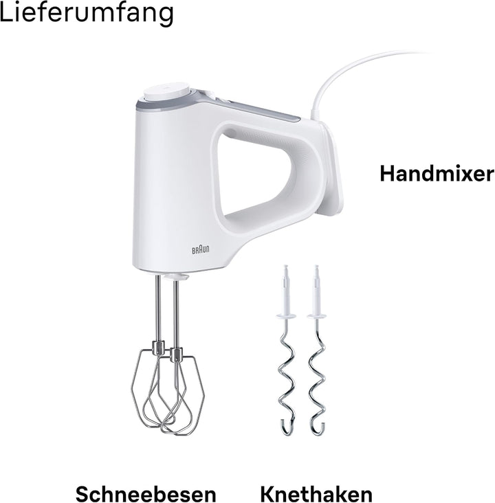 Braun MultiMix 3 - Handmixer mit 2 Zubehörteilen, 550 Watt, Weiss