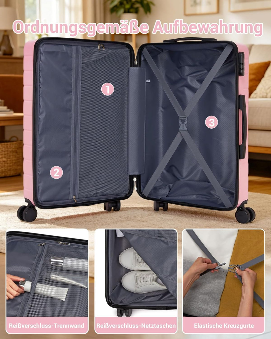 Koffer Mittelgross L 66cm, Leichter ABS+PC Reisekoffer für Flugzeug, Ryanair Trolley mit 4 Rollen, H
