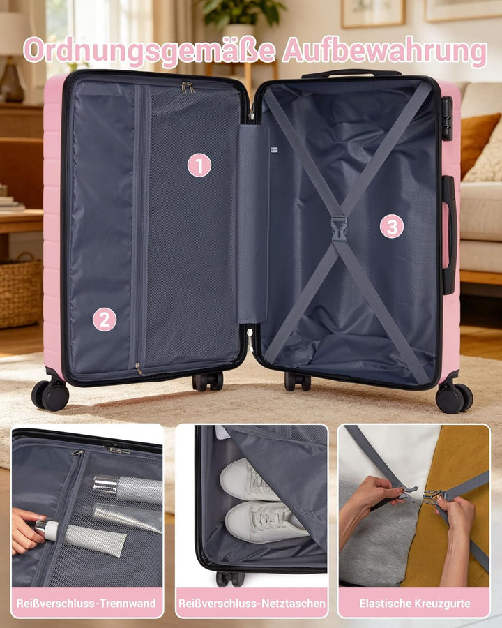 Koffer Mittelgross L 66cm, Leichter ABS+PC Reisekoffer für Flugzeug, Ryanair Trolley mit 4 Rollen, H