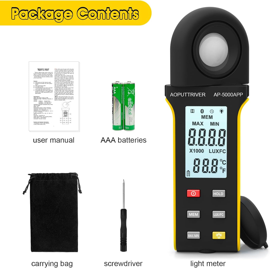AP-5000APP Digital Luxmeter, Lichtmessgerät Messen 0,1~400.000 Lux Fusskerzen mit 270º Drehbarem Sen
