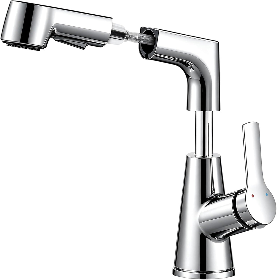 Wasserhahn Bad Höhenverstellbar 6cm Messing 360° Drehbar Chrom | Waschtischarmatur mit Herausziehbar