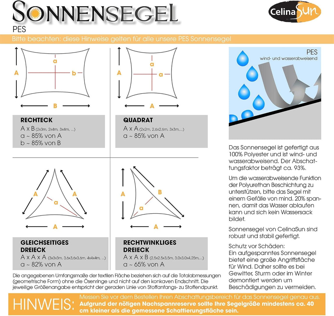 CelinaSun Sonnensegel wasserdicht inkl Befestigungsseile Premium PES wasserabweisend imprägniert Rec