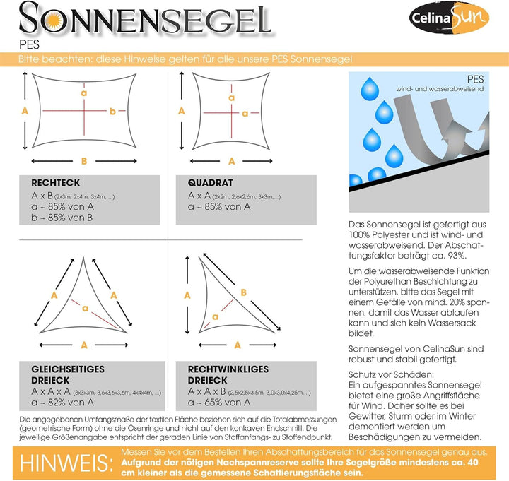 CelinaSun Sonnensegel inkl Befestigungsseile Premium PES wasserabweisend imprägniert Quadrat 3,6 x 3