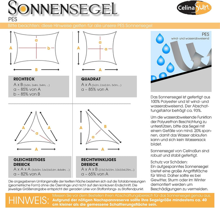CelinaSun Sonnensegel inkl Befestigungsseile Premium PES Polyester wasserabweisend imprägniert Quadr