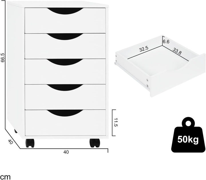 WOLTU Rollcontainer mit 5 Schubladen, mobiler Aktenschrank mit Rollen, Schubladenschrank Büroschrank