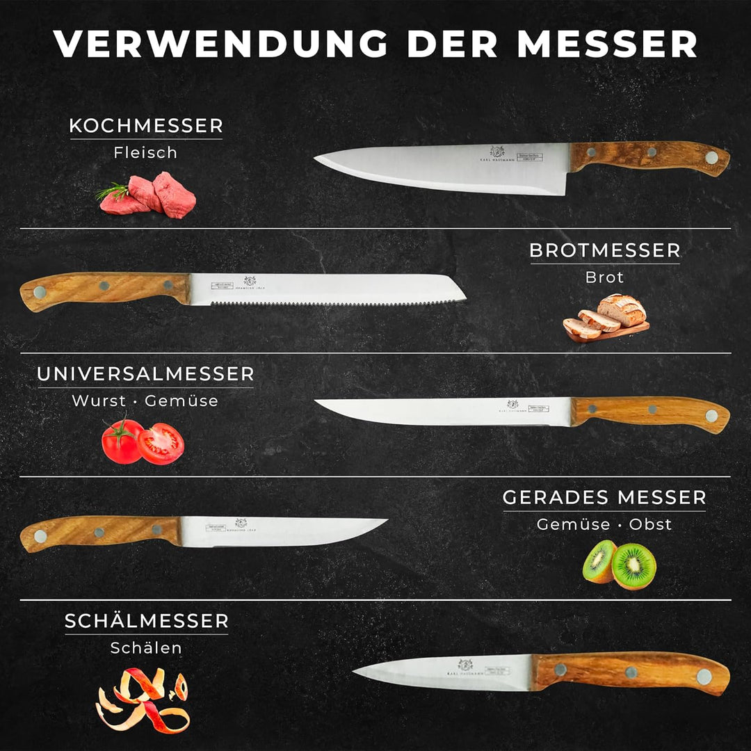 Messerblock mit Messer-Set - 6 teilig, Küchenmesser Set Edelstahl ink. Kochmesser, Brotmesser, Schäl