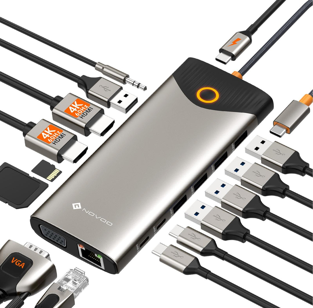 NOVOO USB C Docking Station 15-in-1 Triple Display USB C Hub Dual 4K@60Hz HDMI Adapter mit VGA Gigab