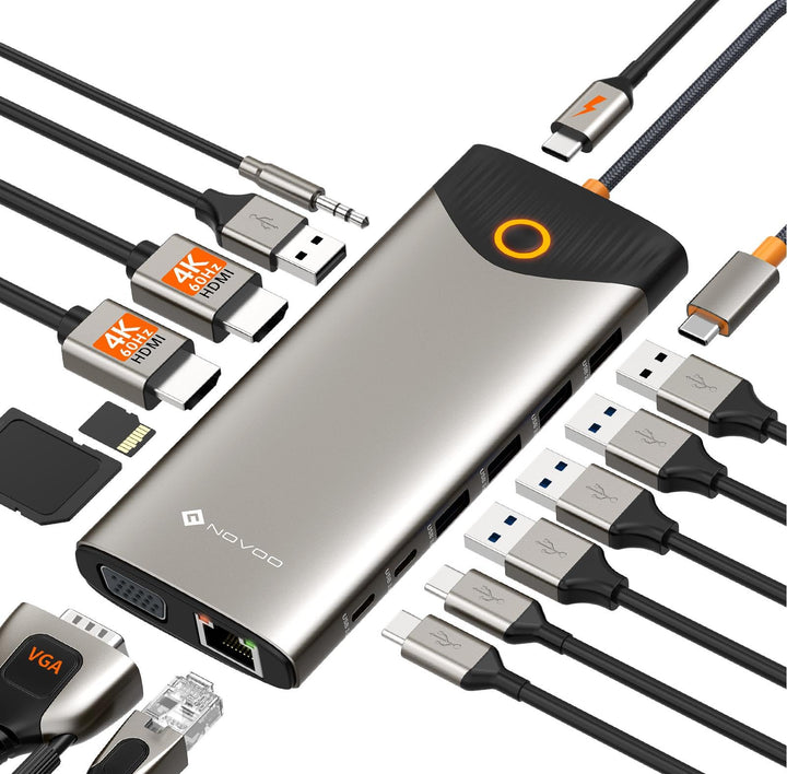 NOVOO USB C Docking Station 15-in-1 Triple Display USB C Hub Dual 4K@60Hz HDMI Adapter mit VGA Gigab