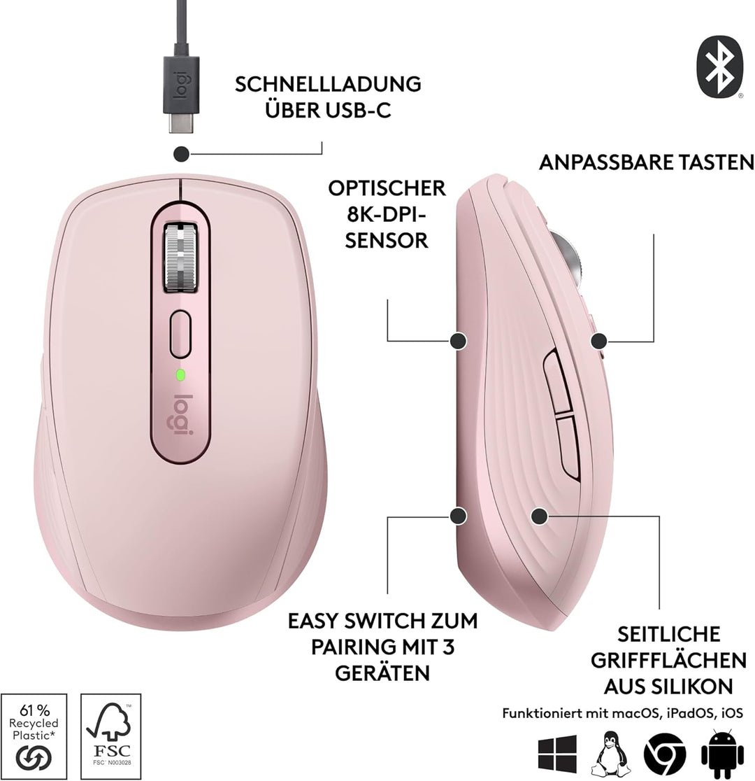 Logitech MX Anywhere 3S Compact Kabellose Maus, Fast Scrolling, 8K DPI Any-Surface Tracking, Quiet C