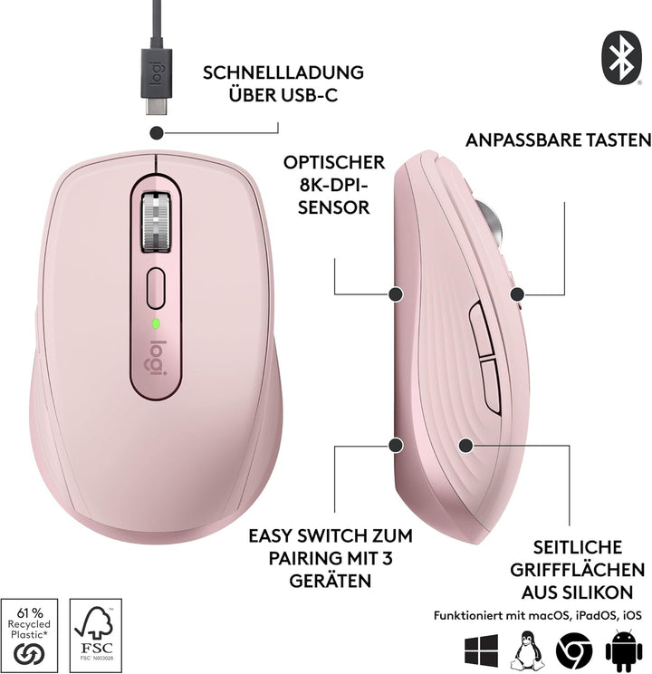 Logitech MX Anywhere 3S Compact Kabellose Maus, Fast Scrolling, 8K DPI Any-Surface Tracking, Quiet C