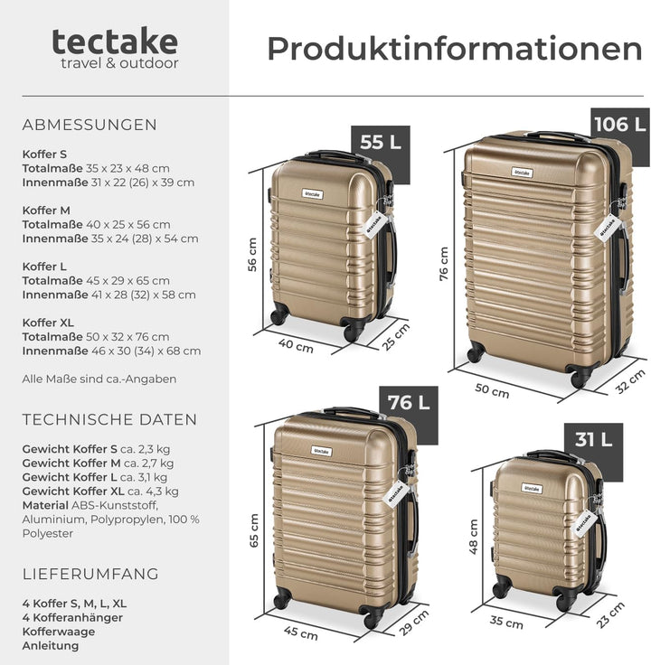 tectake® 4tlg. Hartschalenkoffer Set, Reisekoffer Set mit Rollen, Hartschale aus ABS, Koffer Set mit