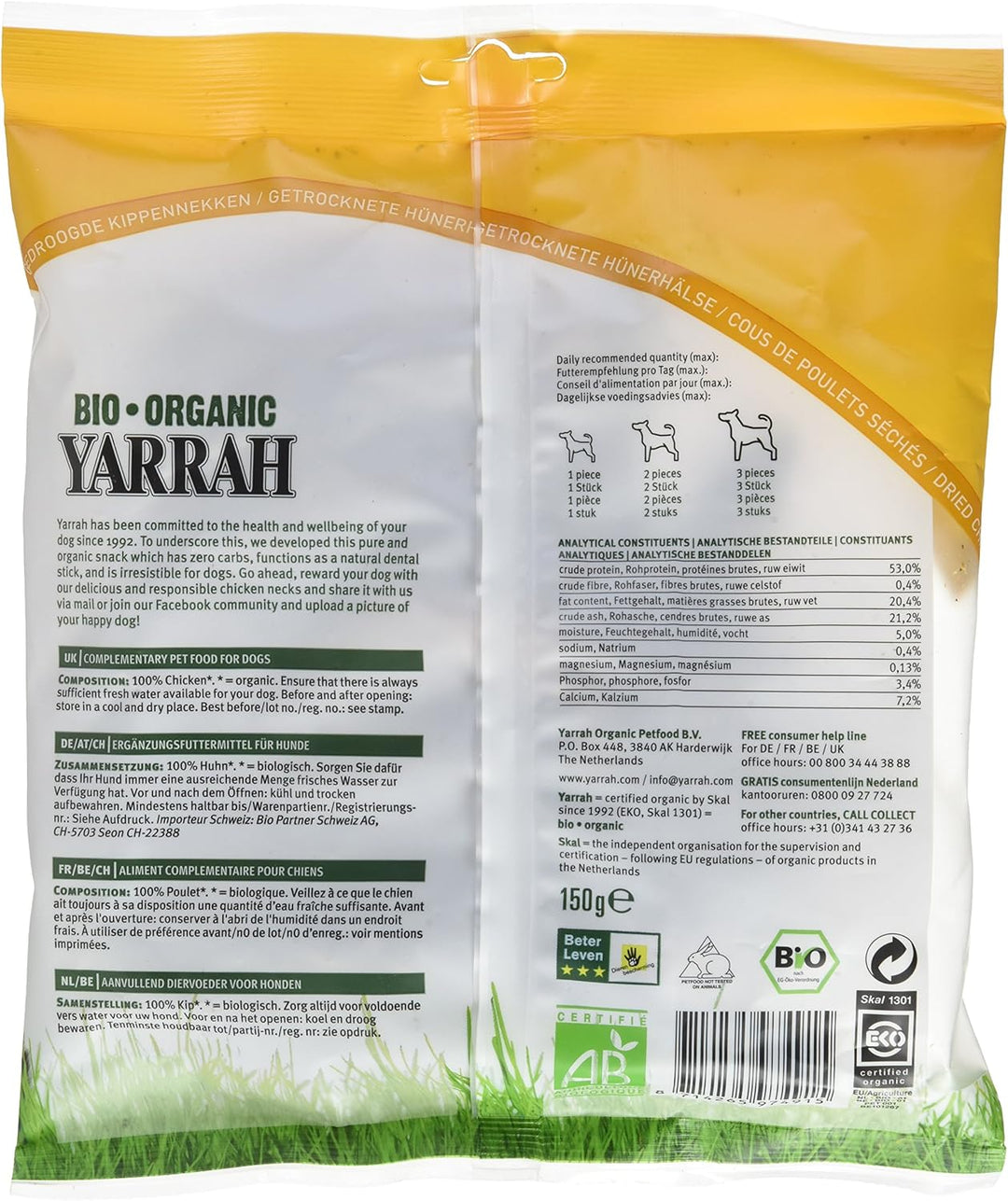 YARRAH Getrocknete Bio Hühnerhälse, 5er Pack (5 x 150 g)