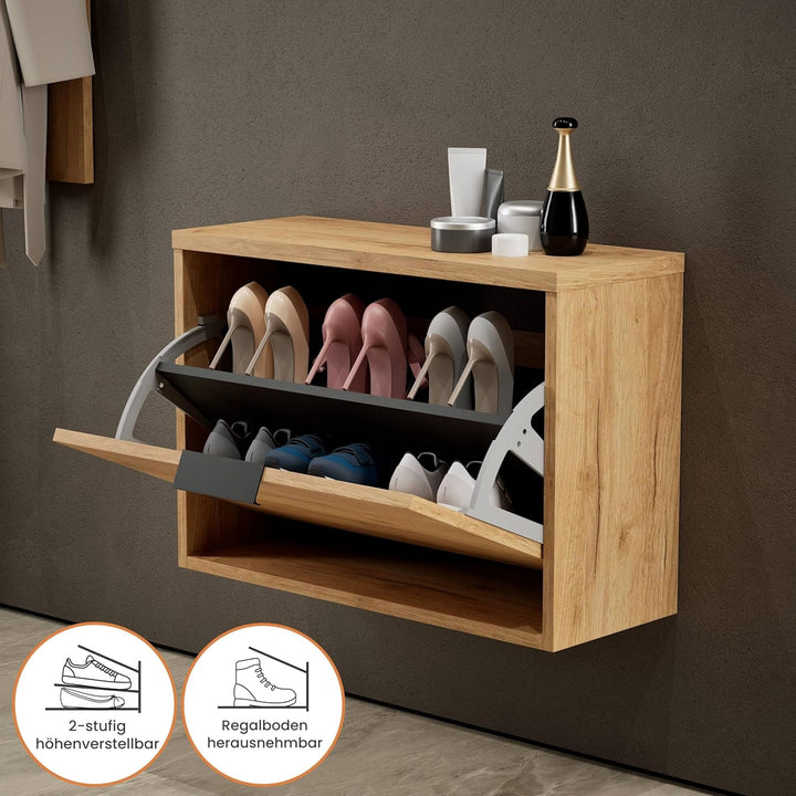 Planetmöbel Schuhschrank schmal inkl. runder Spiegel mit Beleuchtung 60 cm (3 Lichtstufen) Schuhkomm